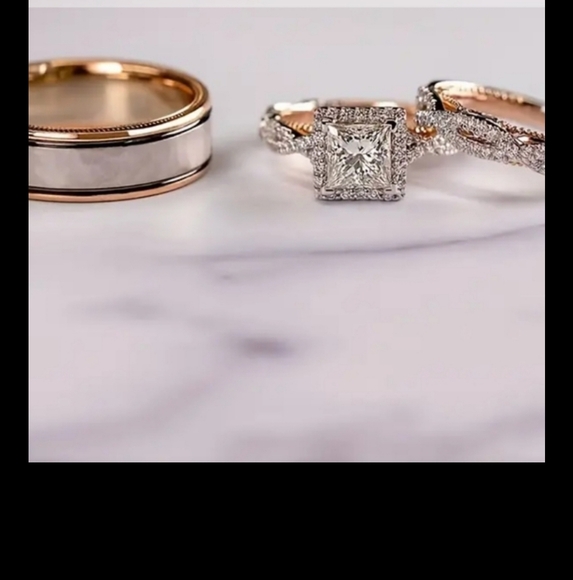 3 pc 14k Rose GP & SP Princess Cut CZ   Bride & Groom Engagement Wedding Set-9 - Picture 3 of 3